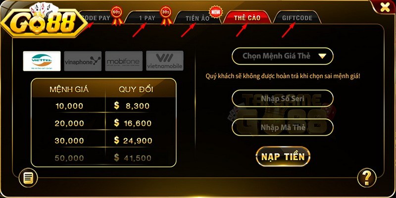 Nạp Tiền Go88 Siêu Tốc – Giao Dịch Mượt, Liền Mạch 2 Nạp tiền bằng thẻ cào dễ thực hiện và không yêu cầu liên kết tài khoản ngân hàng